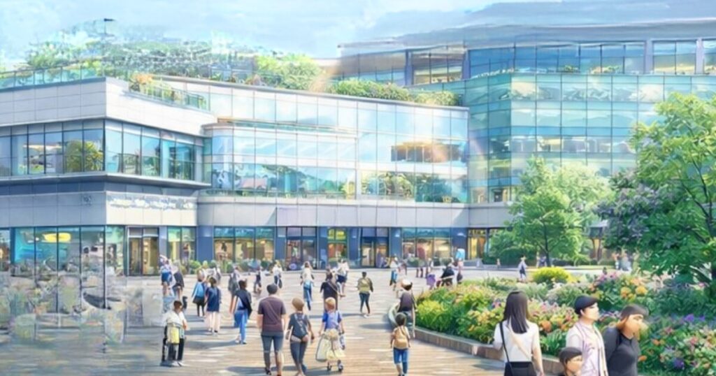 テーマパークやモールでにぎわうエントランス付近のイラスト