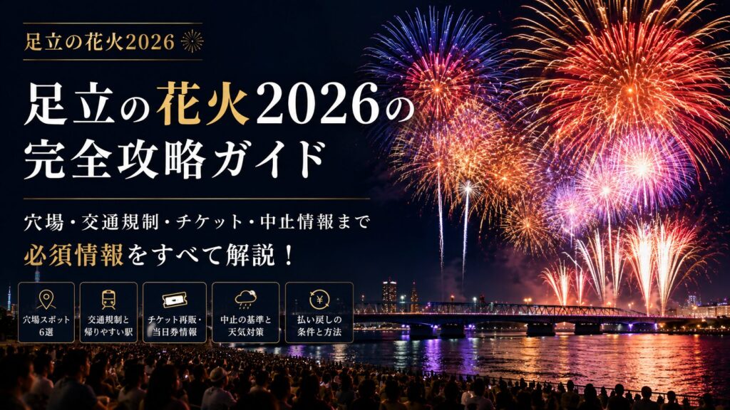 足立の花火2026 よくある質問 何時頃に到着すればいい？ 屋台はありますか？ 雨なら中止？ 北千住駅はどれくらい混む？ 穴場でも花火は綺麗に見える？