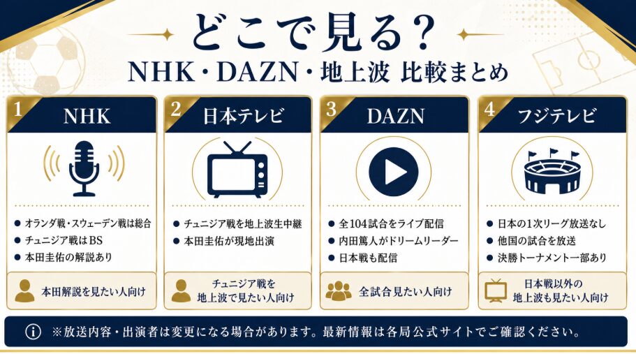 「NHK DAZN 日本テレビ フジテレビ ワールドカップ2026 解説者比較」